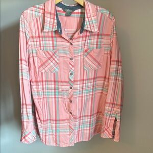 Natural Reflections Pink Plaid Button Down Shirt green/ teal